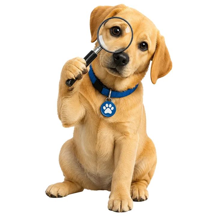 Doggo zoekt met een vergrootglas