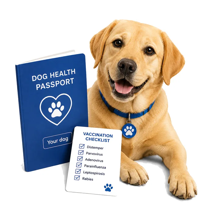 Doggo naast een gezondheidspaspoort