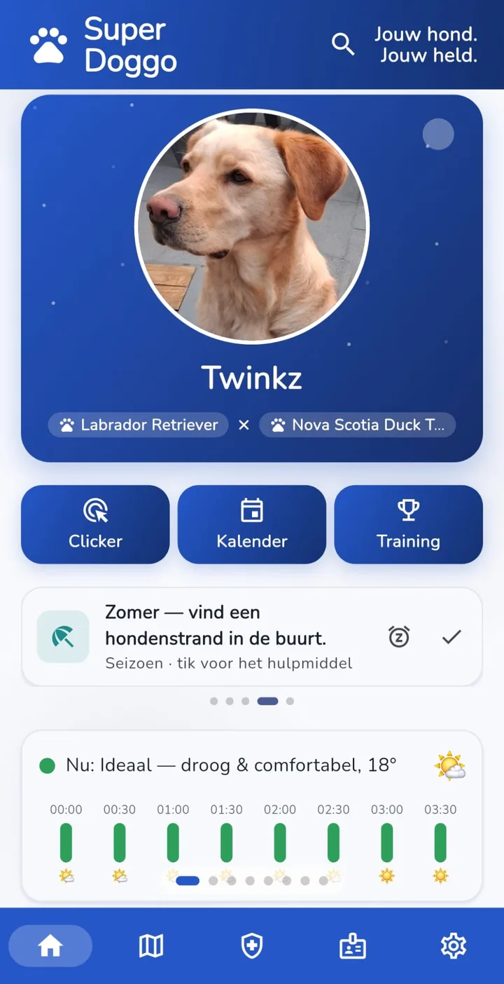 Homescherm van de SuperDoggo-app